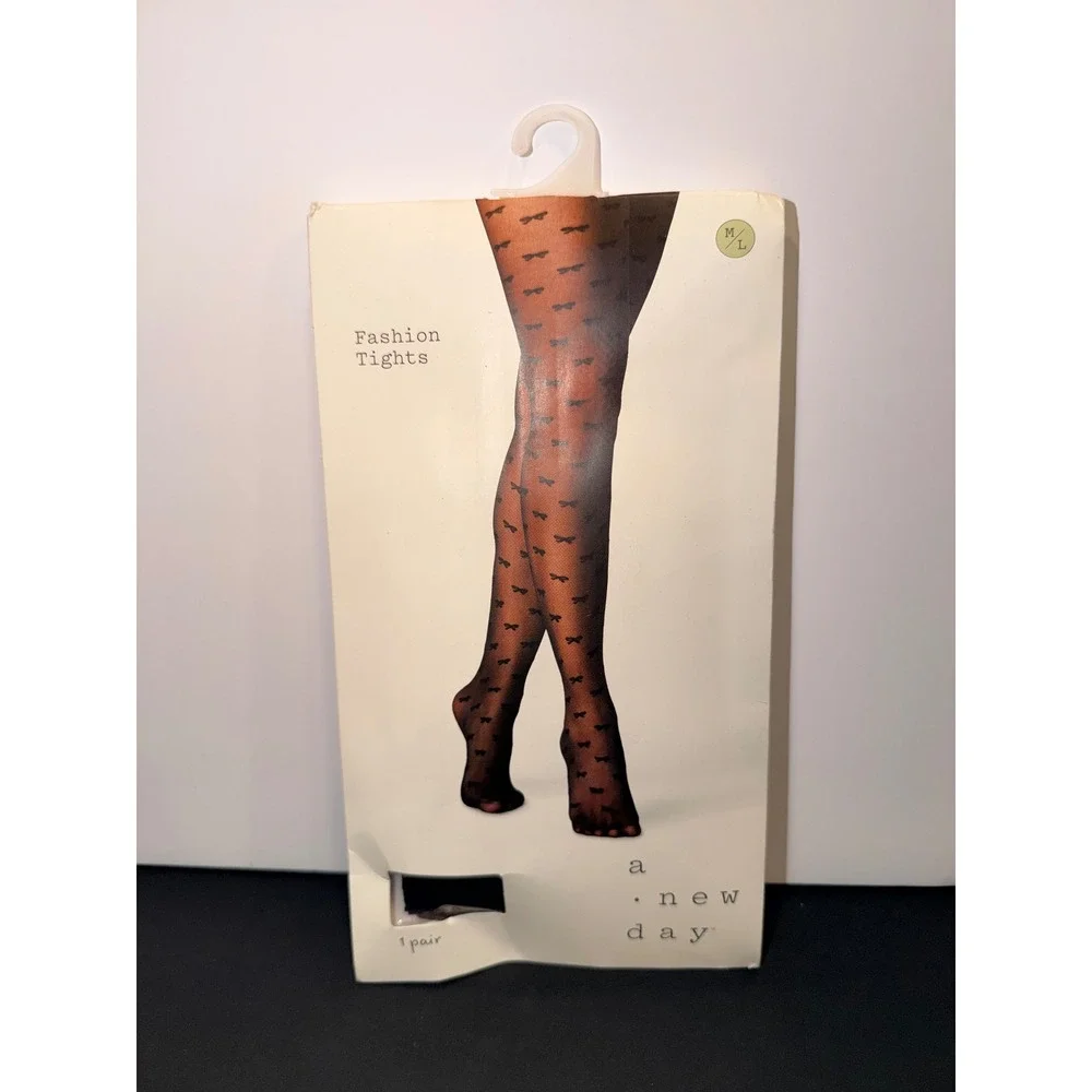 A New Day Womens Fashion Tights Black Bow Pattern Sheer Hosiery M/L F438284